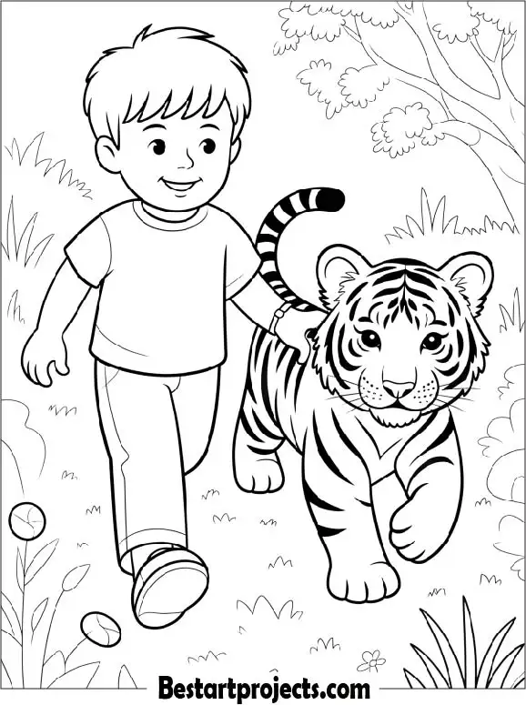 Boy Walking with a Tiger Cub Coloring Page