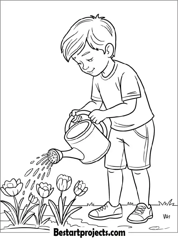 Boy Watering Spring Flowers Coloring Page