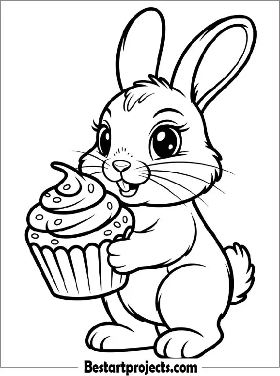 Bunny Holding a Large Cupcake Coloring Page