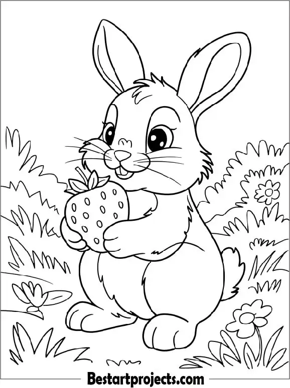 Bunny Holding a Strawberry Coloring Page