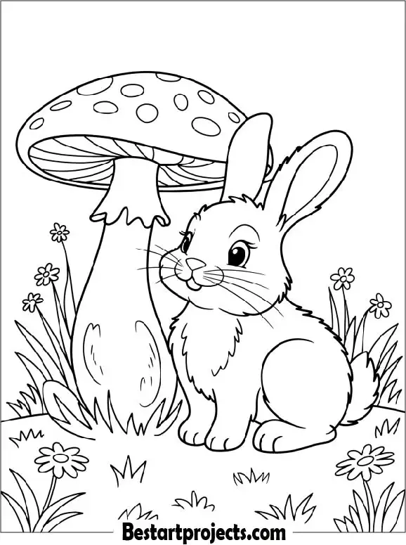 Bunny Sitting Beside a Mushroom