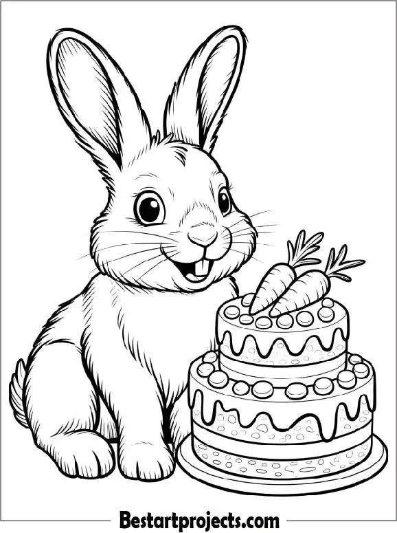 Bunny with a Carrot Cake Coloring Page