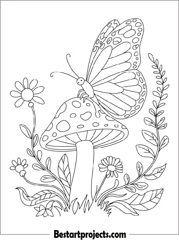 Butterfly on Mushroom Coloring Page for Kids