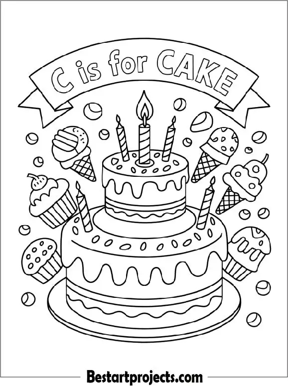 C is for Cake Coloring Page for Kids