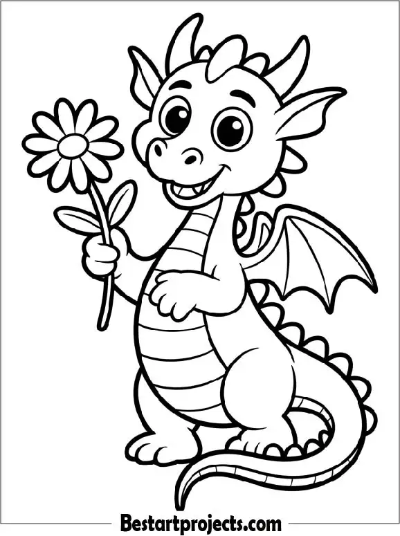Cartoon Dragon Holding a Flower Coloring Page for Kids