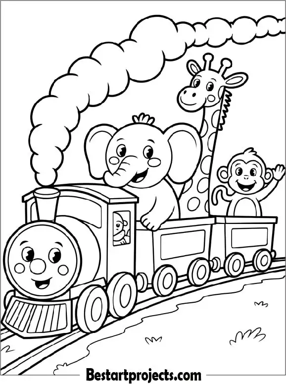 Cartoon Train with Happy Animals Coloring Page for Kids
