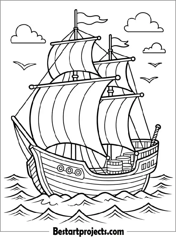 Cartoon Wooden Sailing Ship to Color