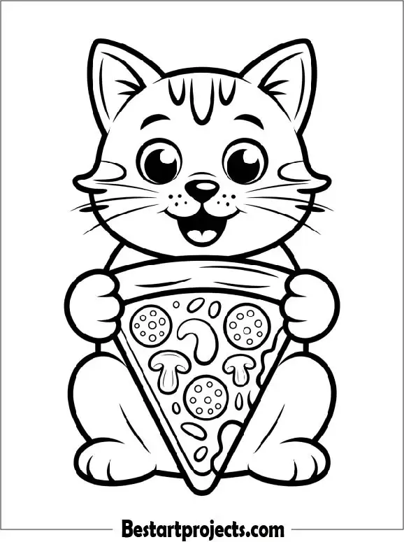 Cat Holding Pizza Slice Coloring Page