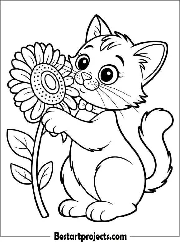 Cat Holding a Flower Coloring Sheet for Preschoolers