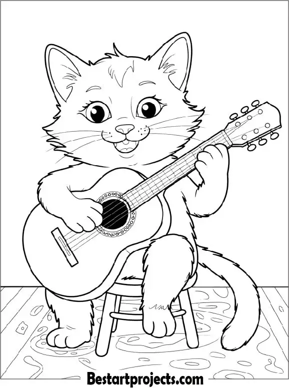 Cat Playing a Guitar Coloring Page for Kids