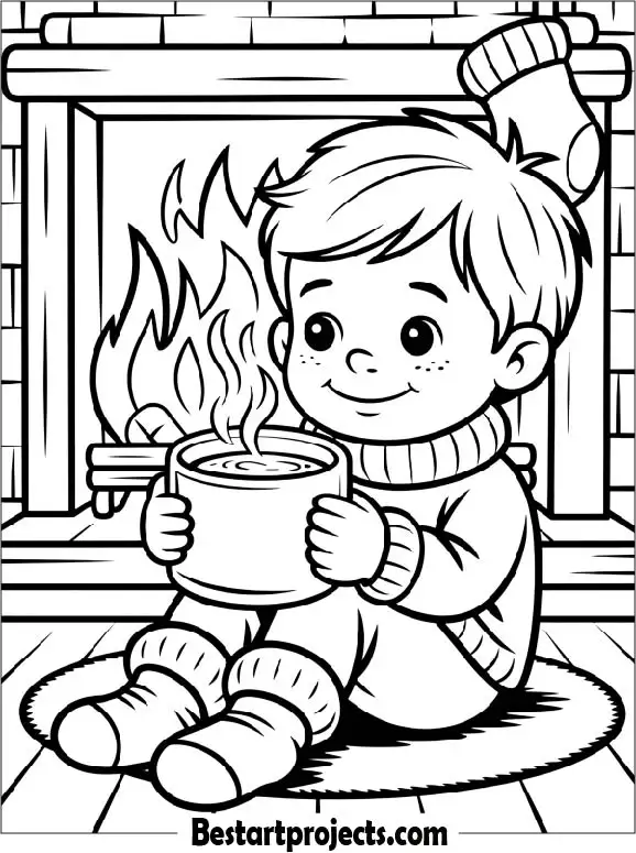 Child Drinking Hot Chocolate by the Fireplace Coloring Page