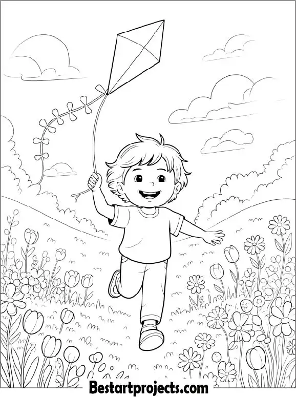 Child Flying a Kite in Spring Time Coloring Page