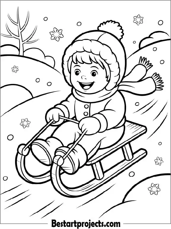 Child Sledding Down a Snowy Hill Coloring Page