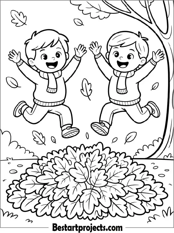 Children Jumping Into a Pile of Fall Leaves Coloring Page
