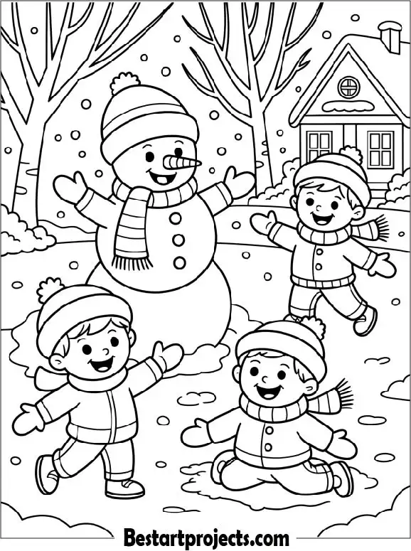 Children Playing in the Snow Coloring Page
