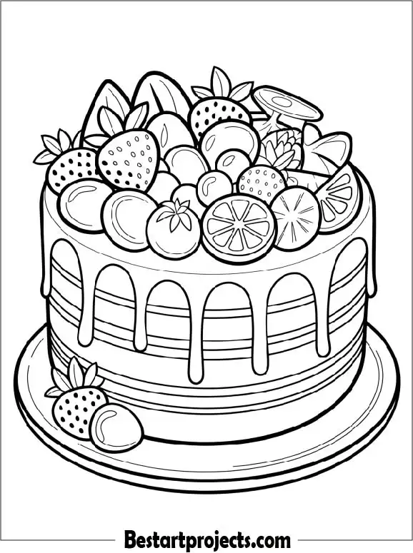 Chocolate Drip Cake with Fruits Coloring Sheet