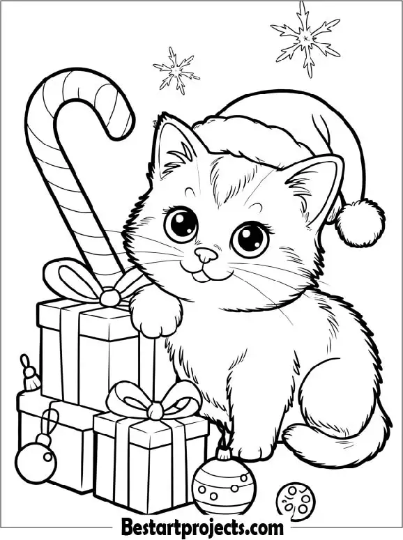 Christmas -Themed Cat Coloring Page