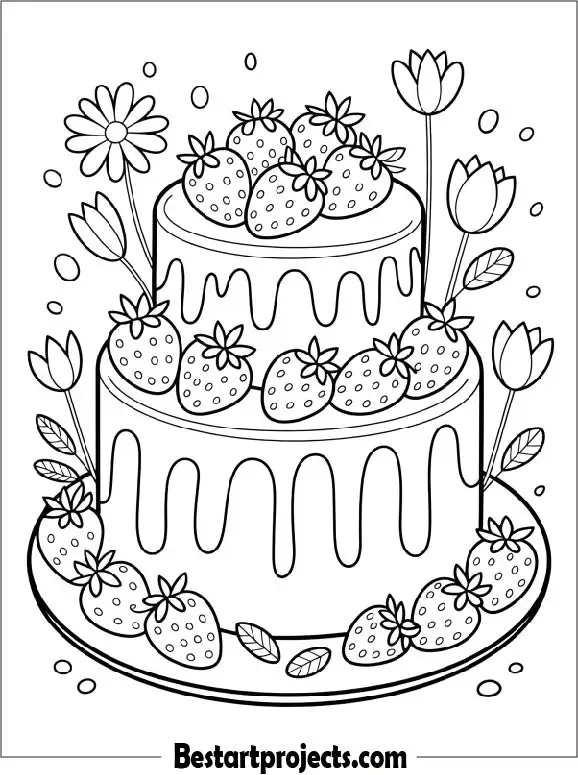 Coloring Page of Strawberry Cake