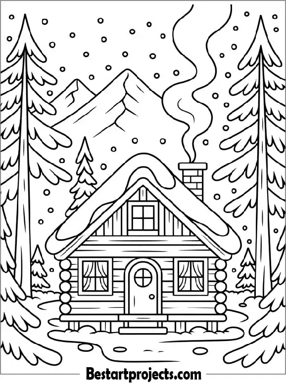 Cozy Cabin Surrounded by Snowy Pine Trees Coloring Page