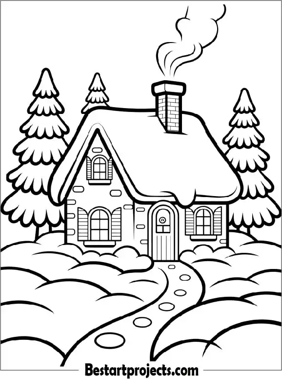 Cozy Winter Cottage in a Snowy Landscape Coloring Page