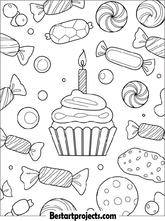 Cupcake and Candy Coloring Page