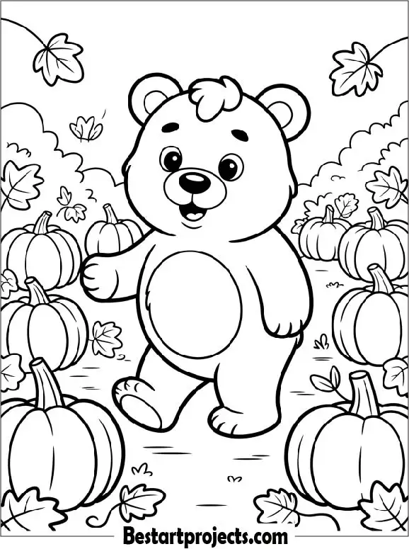 Cute Bear Walking Through a Pumpkin Patch Fall Coloring Page