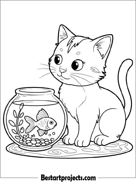 Cute Cat Watching a Fishbowl Coloring Page