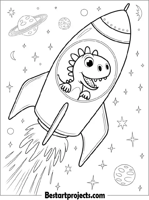 Cute Dinosaur in a Space Rocket Coloring Page