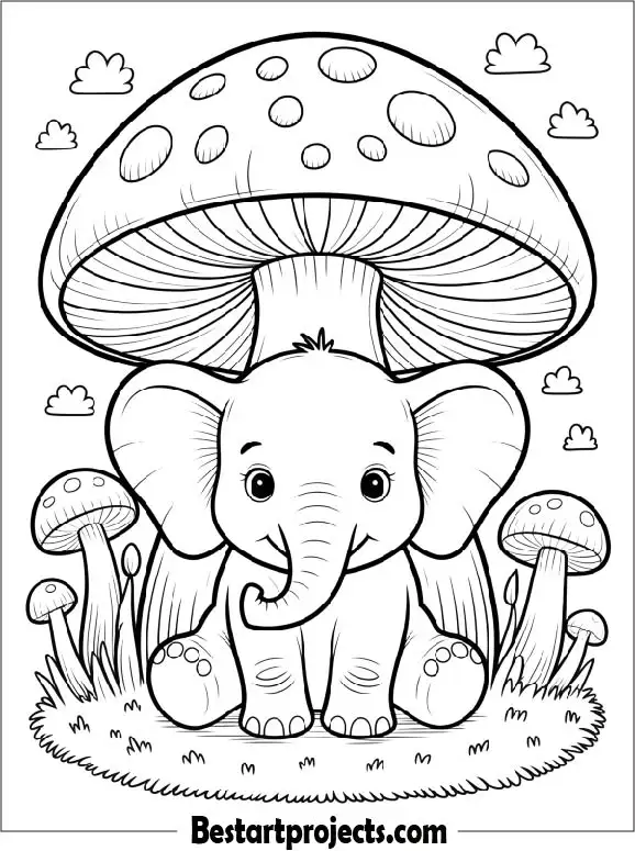 Cute Elephant Under a Mushroom Coloring Page for Kids