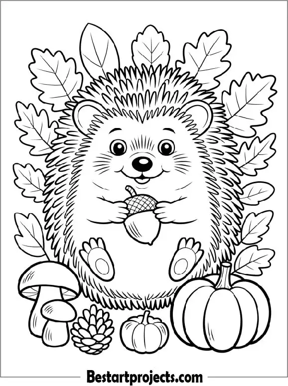 Cute Fall Hedgehog Coloring Page