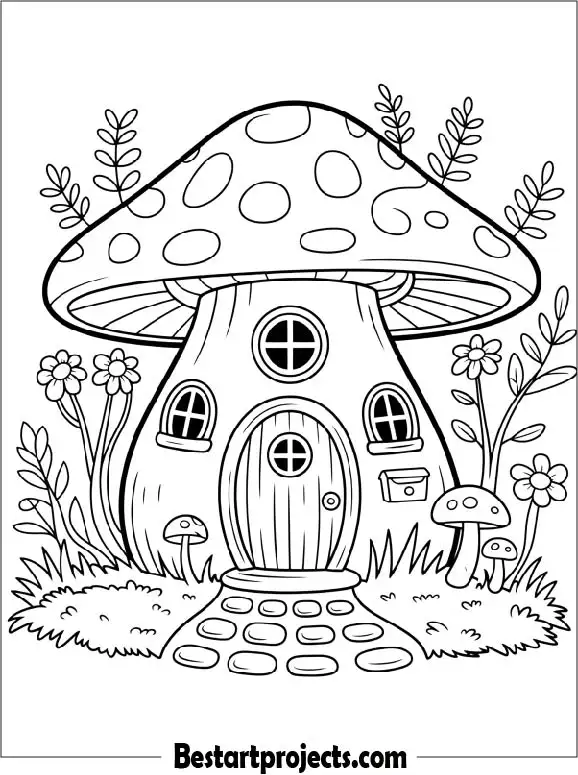 Cute Mushroom House Coloring Page