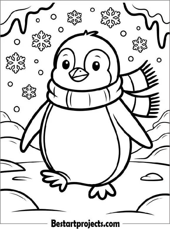 Cute Penguin Walking Through Snow Coloring Page