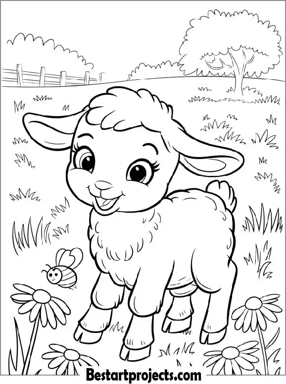 Cute Playful Spring Lamb Coloring Page