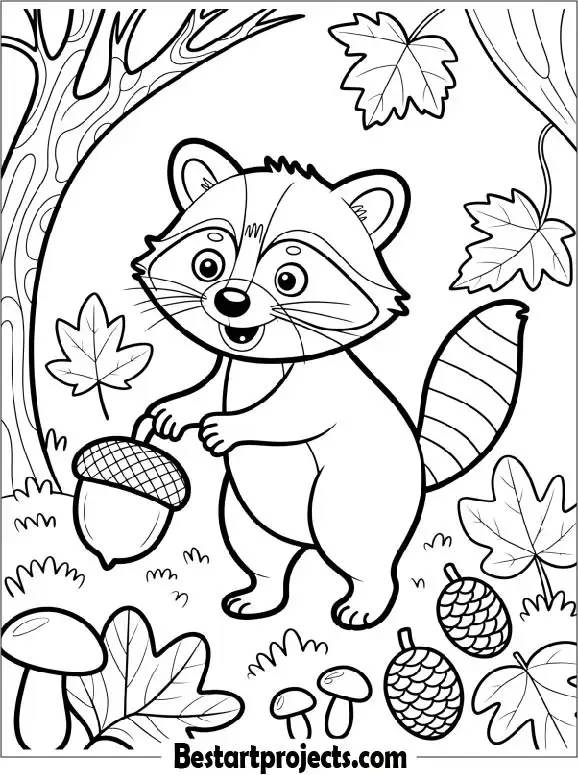 Cute Raccoon Exploring a Fall Forest to Color