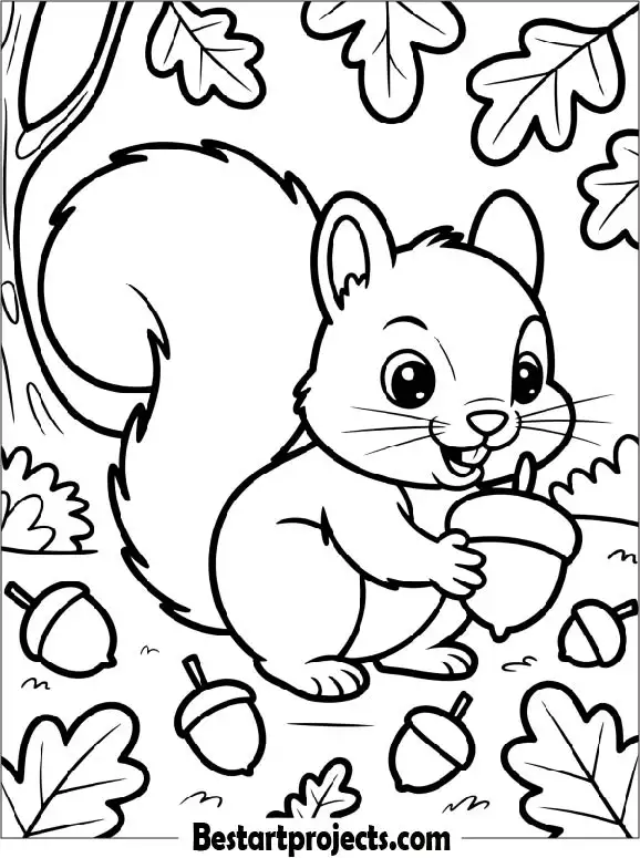 Cute Squirrel Collecting Acorns Fall Coloring Sheet