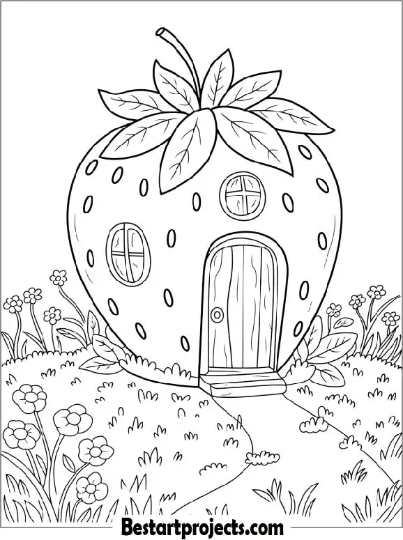 Cute Strawberry House Coloring Sheet