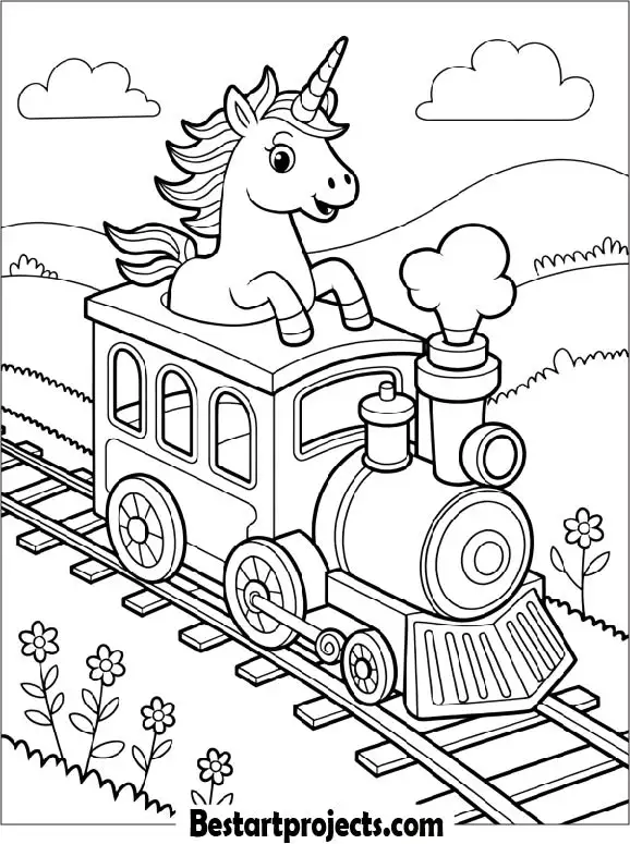 Cute Unicorn Train Coloring Page