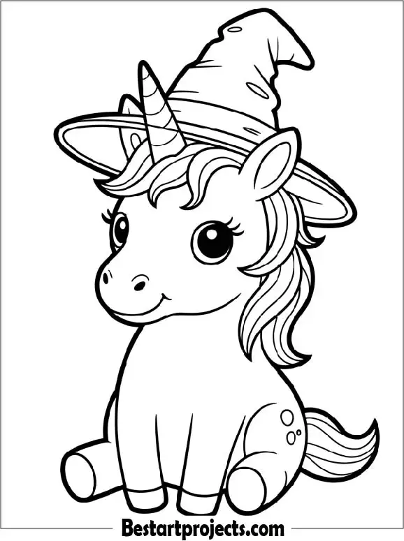 Cute Unicorn Wearing a Witch Hat Coloring Page