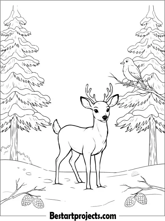 Deer in a Snow-Covered Forest Coloring Page