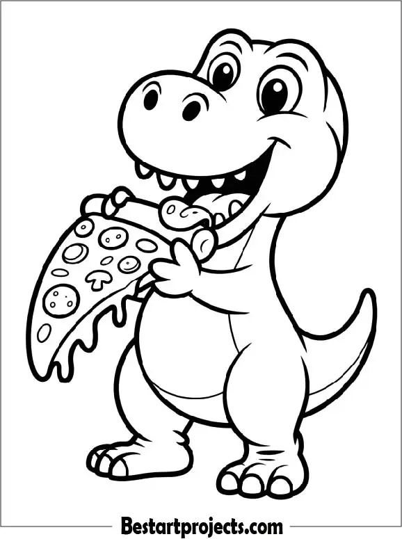 Dinosaur Eating Pizza Coloring Page for Kids