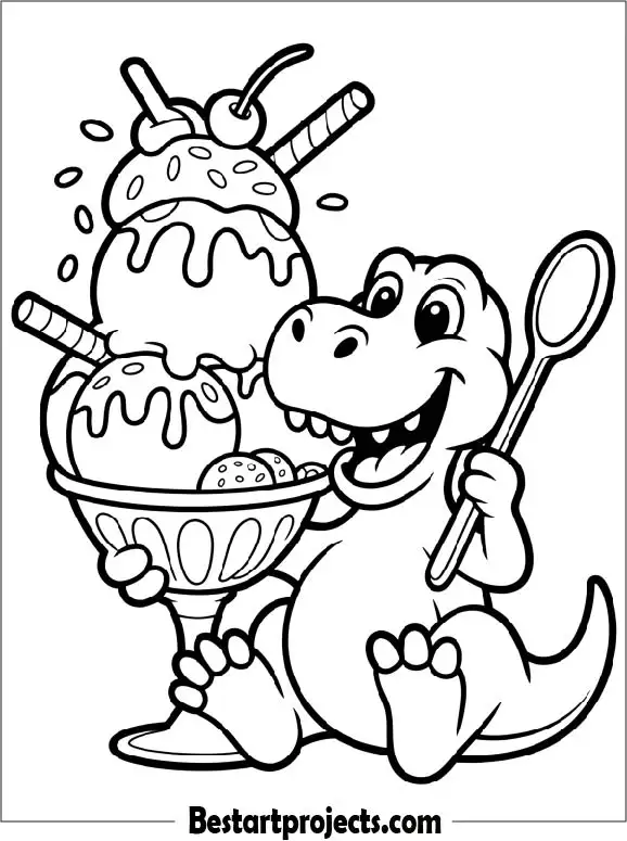 Dinosaur Enjoying a Giant Sundae Coloring Page