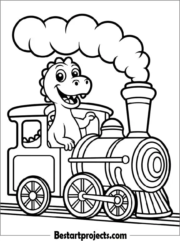 Dinosaur Riding a Steam Train Coloring Page