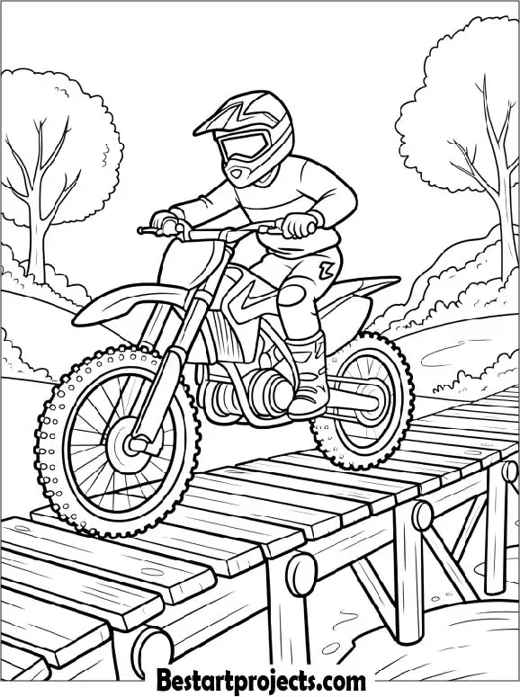 Dirt Bike Crossing a Wooden Bridge Coloring Page
