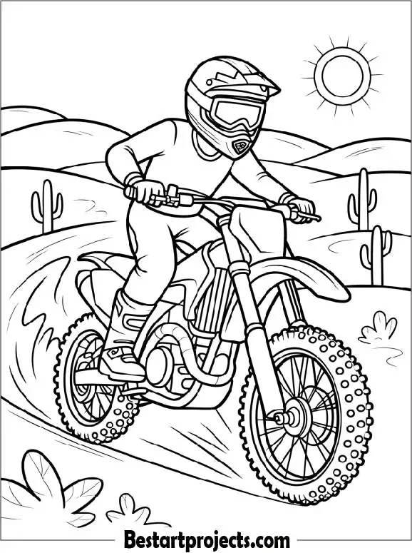 Dirt Bike Racing Through the Desert Coloring Page
