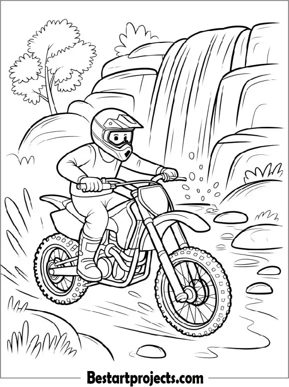 Dirt Bike Riding Near a Waterfall Coloring Page