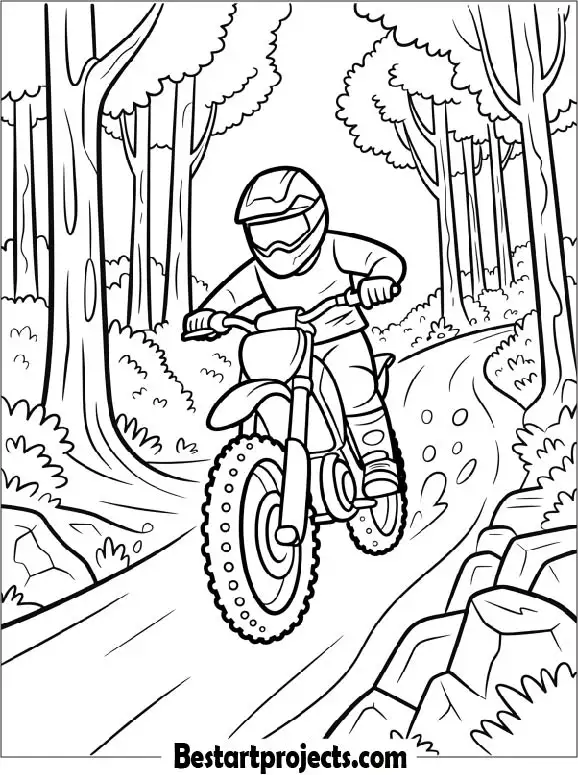 Dirt Bike Riding Through a Forest Trail Coloring Page