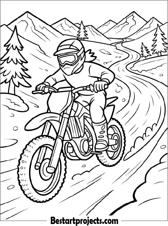 Dirt Bike on a Snowy Mountain Trail Coloring Page