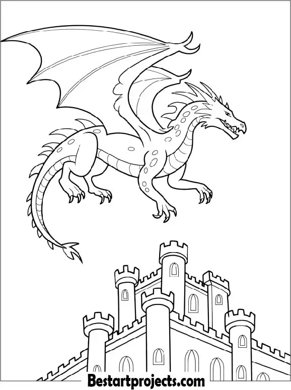 Dragon Flying Above a Castle Coloring Page