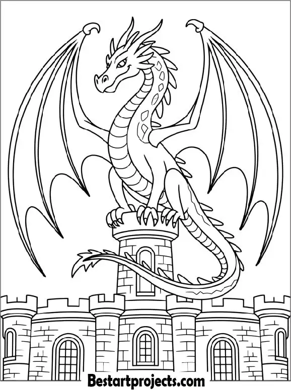 Dragon on Top of a Castle Coloring Page