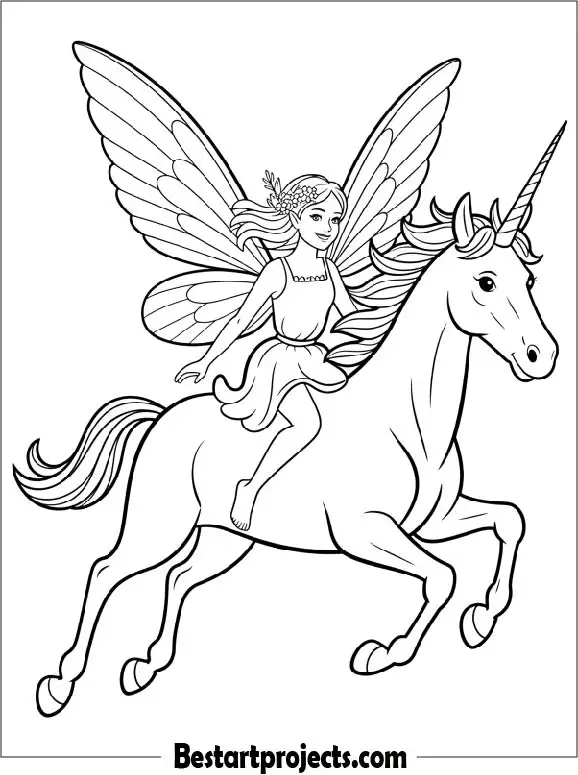 Fairy Riding a Unicorn Coloring Page